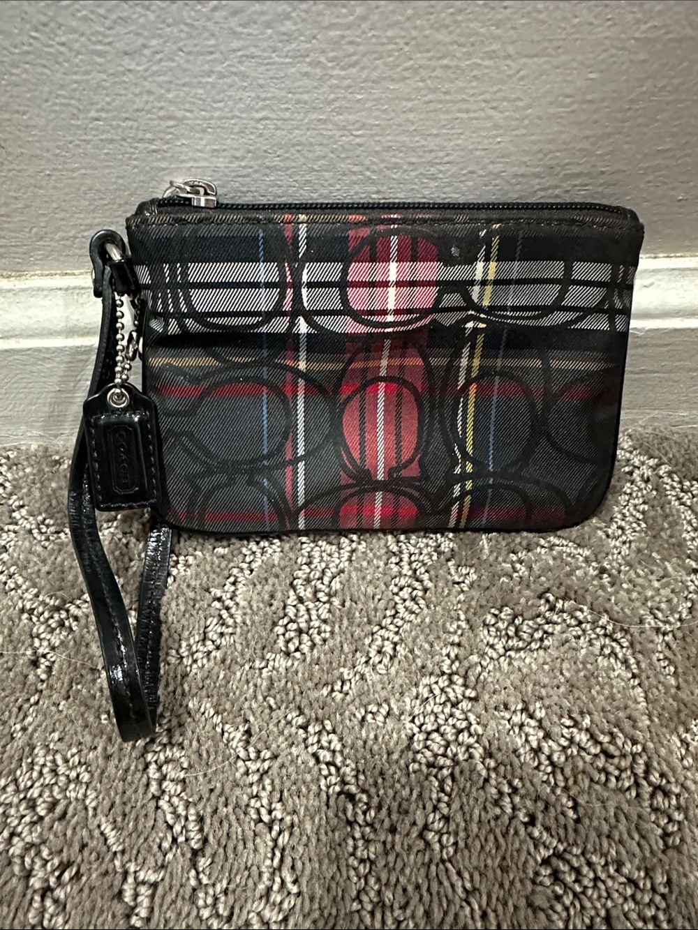 Coach Black Wristlet with Red & Blue Plaid Accents